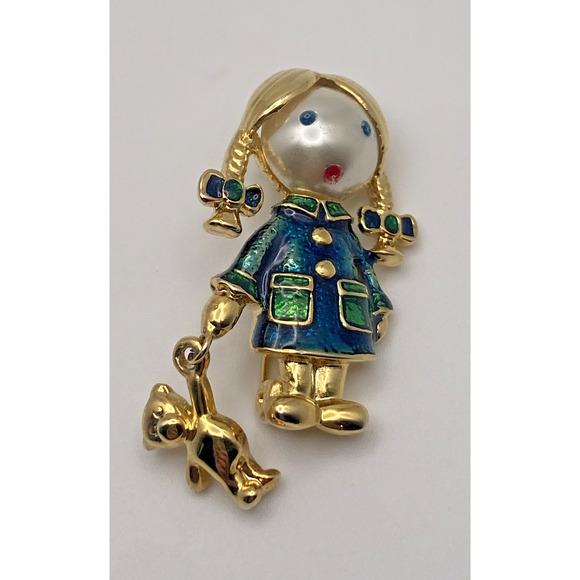 Vintage Carolee Enamel Girl Pig Tails Dangling Bear Gold Tone Costume Brooch - Picture 2 of 10